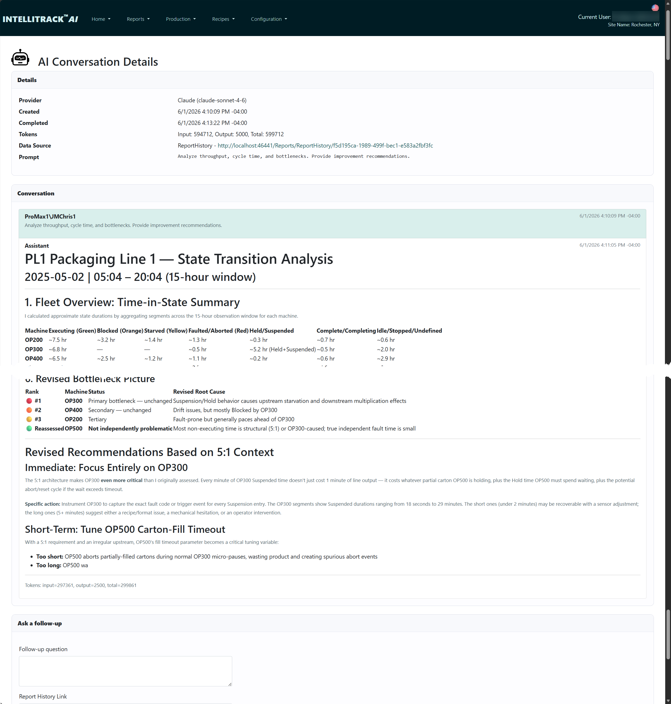 An IntelliTrack AI Insights answer about a part, showing the question, the grounded response, and the production data it drew on.