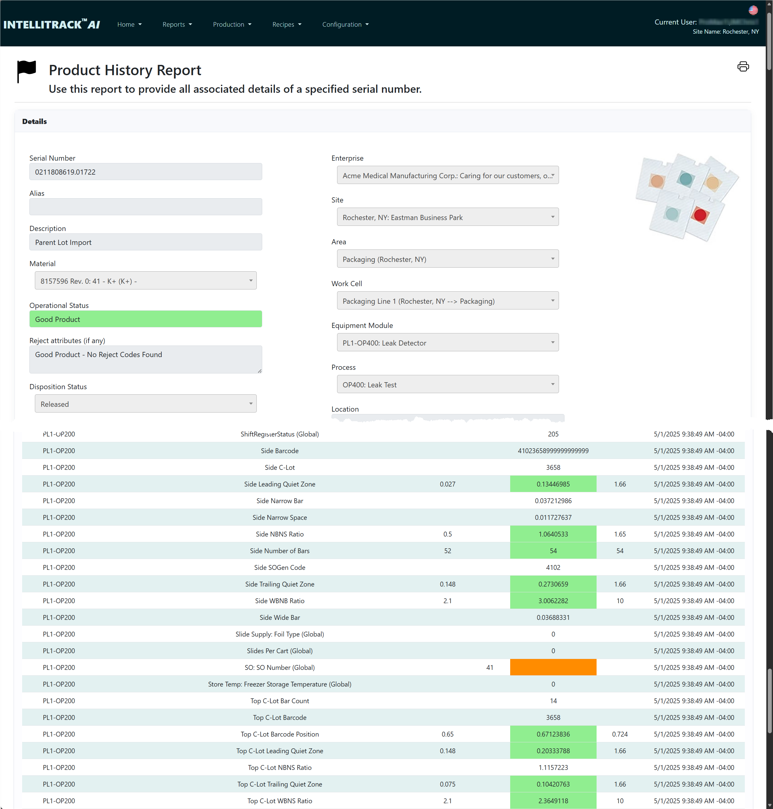 IntelliTrack Product Report for a single serial number, listing each measured attribute alongside its recipe limit and pass or fail result.