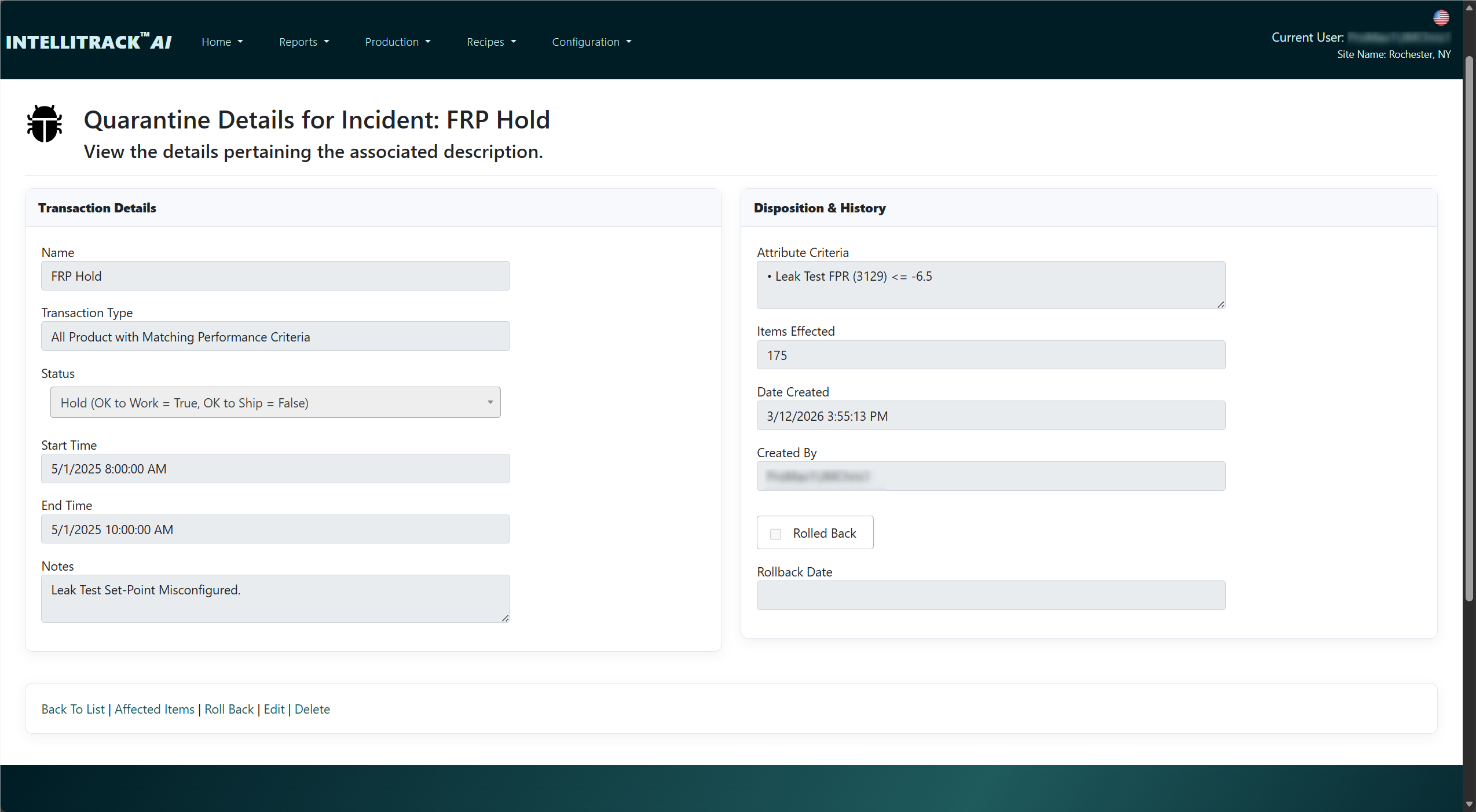 An IntelliTrack quarantine containment result listing the affected serial numbers returned from a suspect material lot, with disposition status on each.