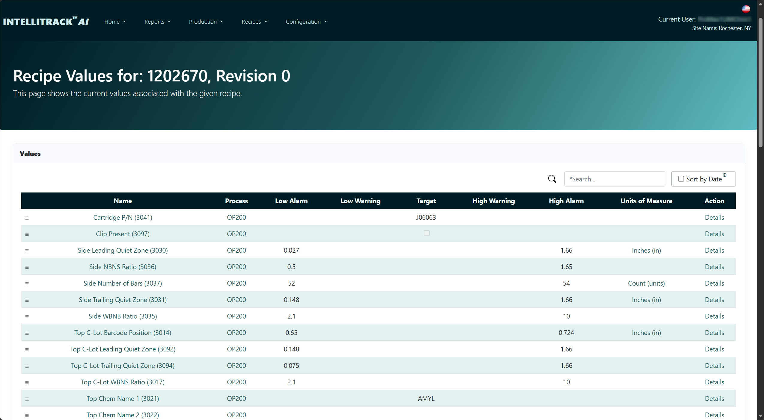 An IntelliTrack recipe revision showing setpoints and limits beside the actual values recorded for a production run under that revision.