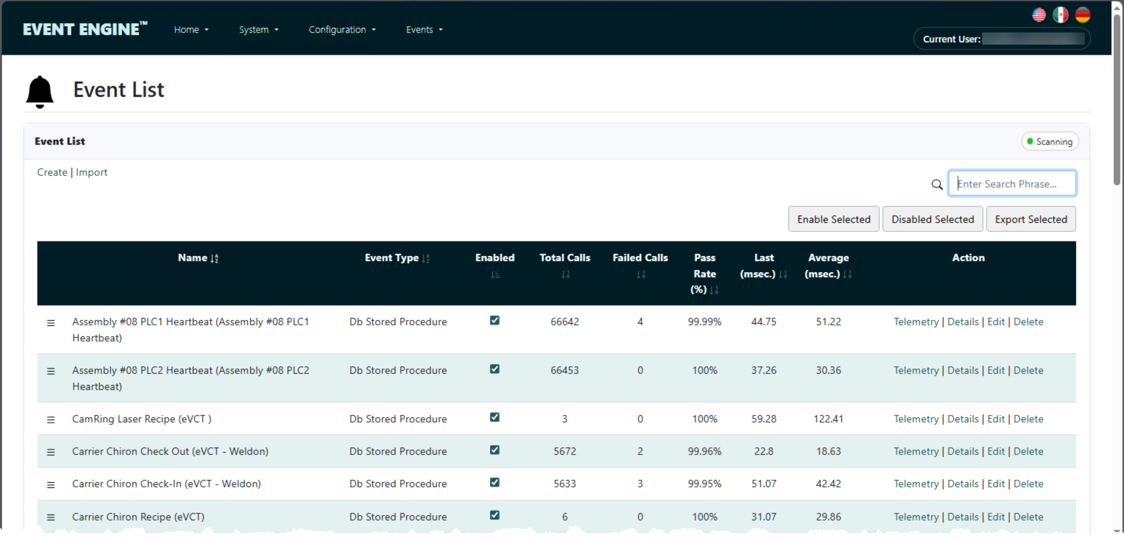 The Event Engine browser interface showing event configuration and live status.